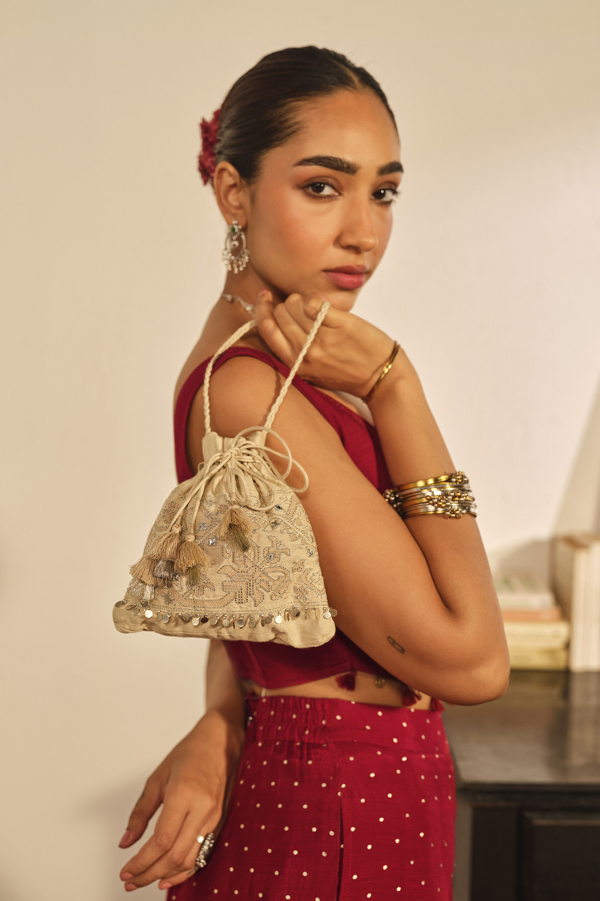 Embroidered Crop Top in Red, Red, image 4